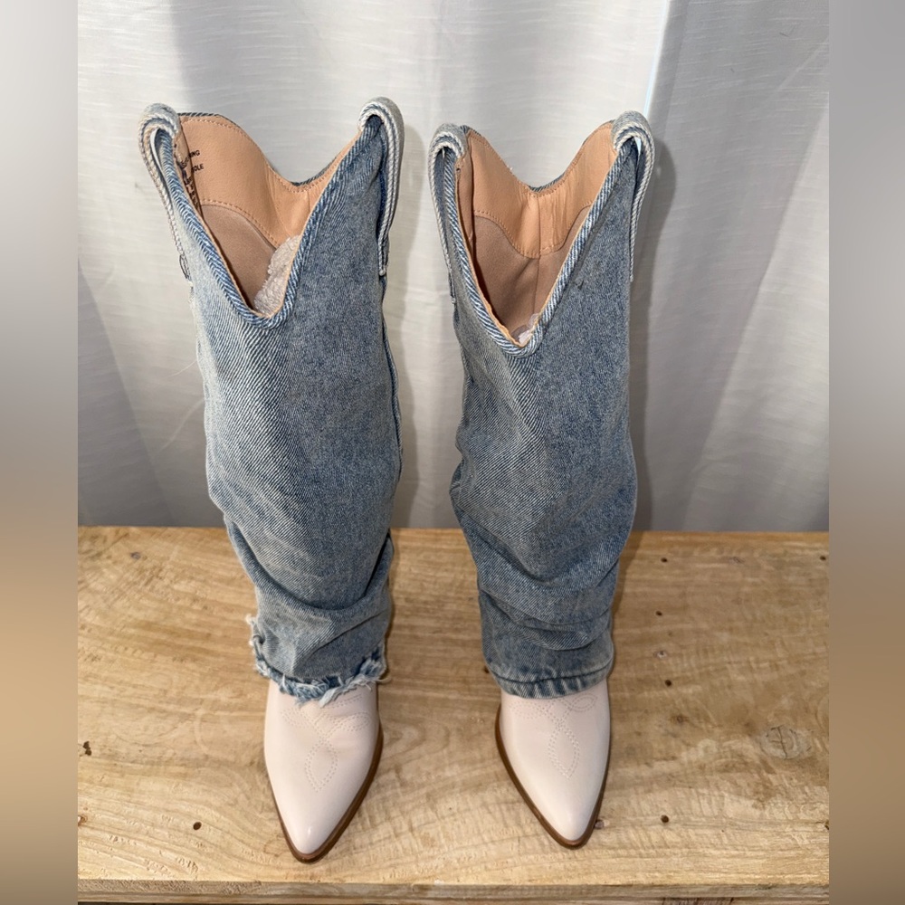 Steve Madden Lassy Denim Cowboy Boot Frayed Hem Western Festival | Size 5M - Picture 7 of 16